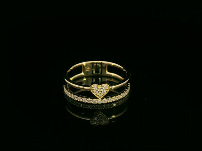 18K yellow gold dual-band diamond heart ring – pavé-set heart with 0.27ct diamonds, modern romantic design by Emirates Diamonds