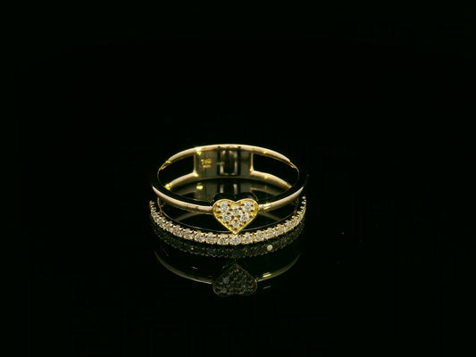 18K yellow gold dual-band diamond heart ring – pavé-set heart with 0.27ct diamonds, modern romantic design by Emirates Diamonds