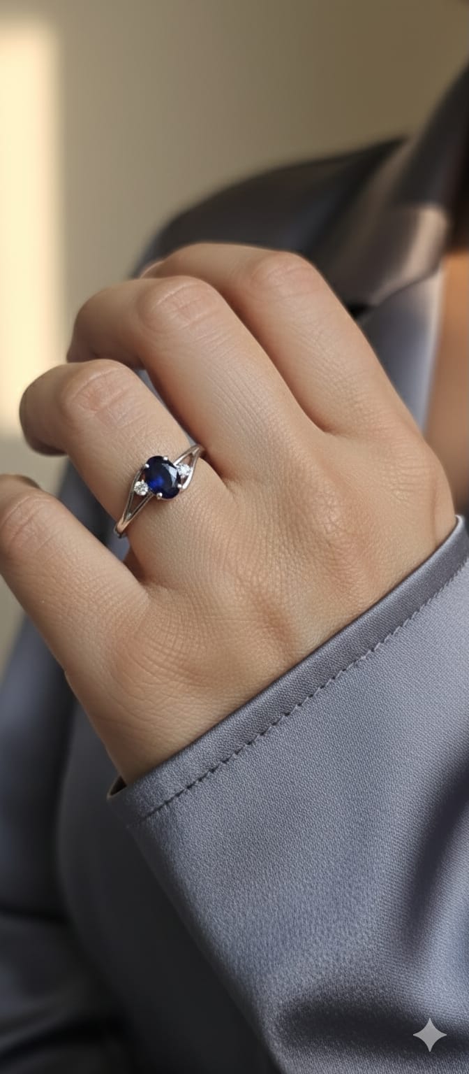 18K white gold sapphire and diamond ring – 0.84ct oval sapphire three-stone design by Emirates Diamonds