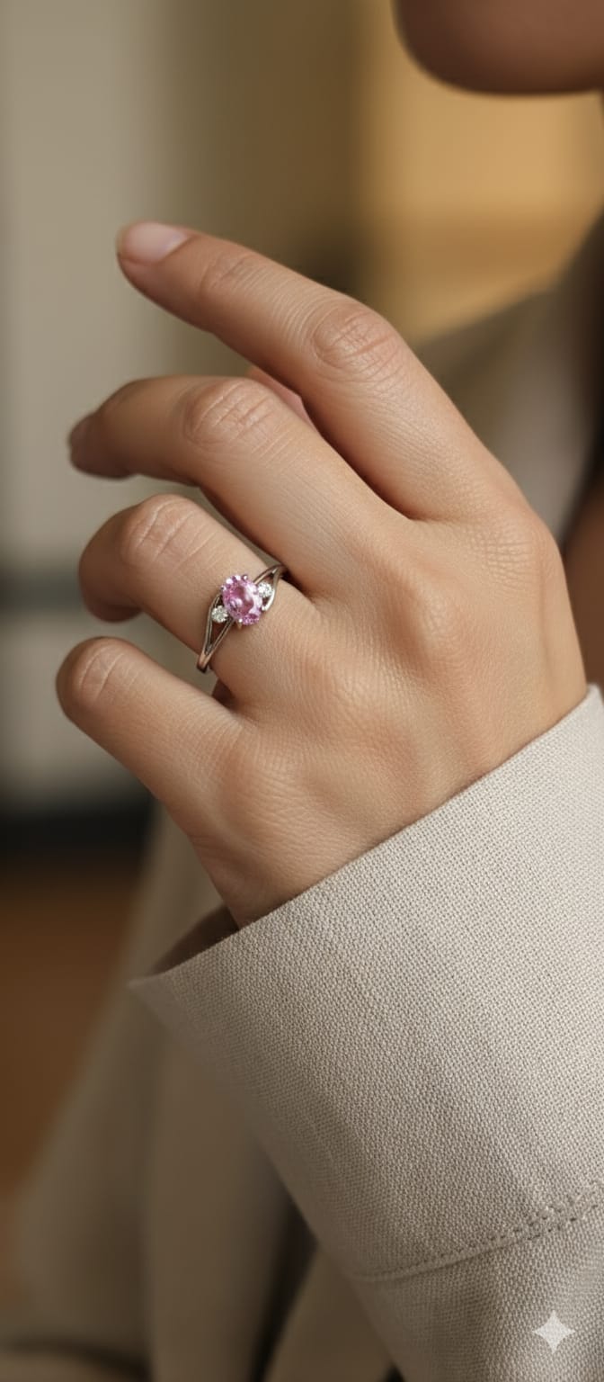 18K white gold ring with 0.81ct oval pink sapphire and diamond accents – Emirates Diamonds.