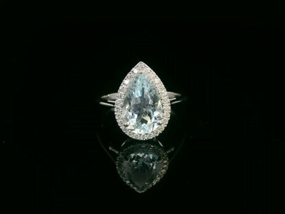 18K white gold pear-cut aquamarine halo ring – 2.38ct aquamarine with 0.23ct diamonds, elegant fine jewelry by Emirates Diamonds