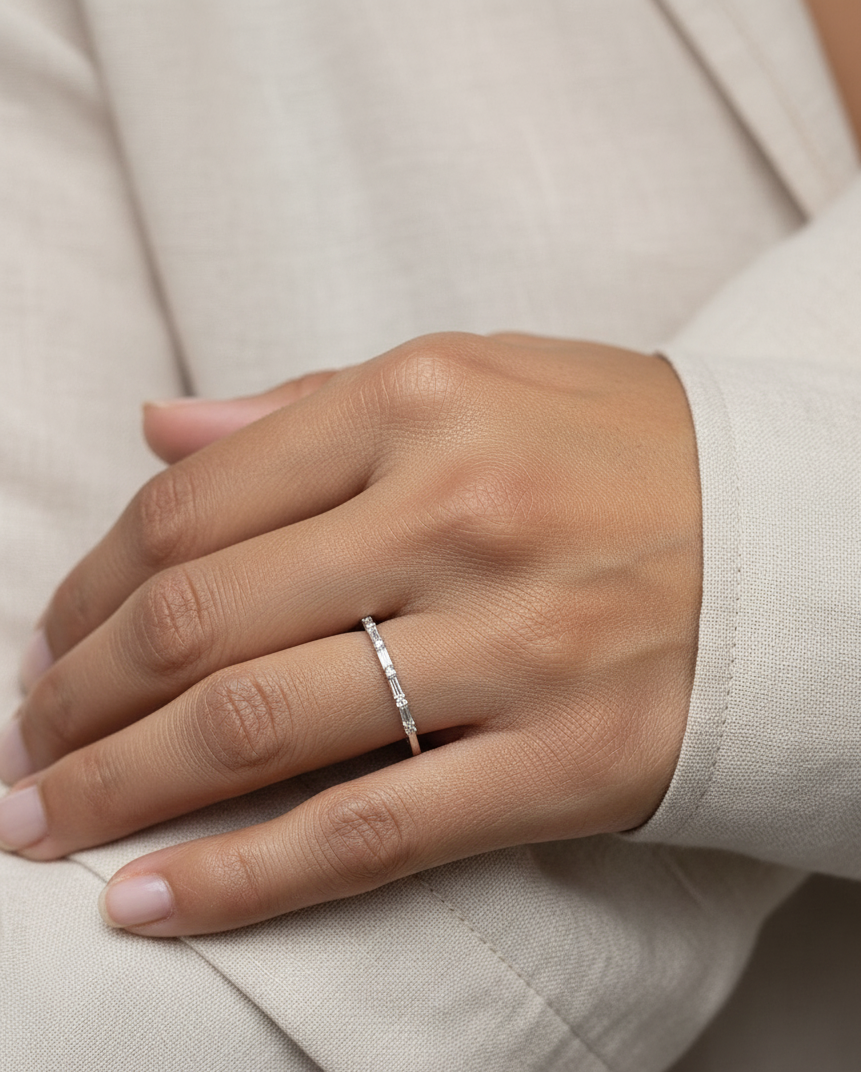 18K white gold baguette and round diamond band – 0.15ct modern stacking ring by Emirates Diamonds