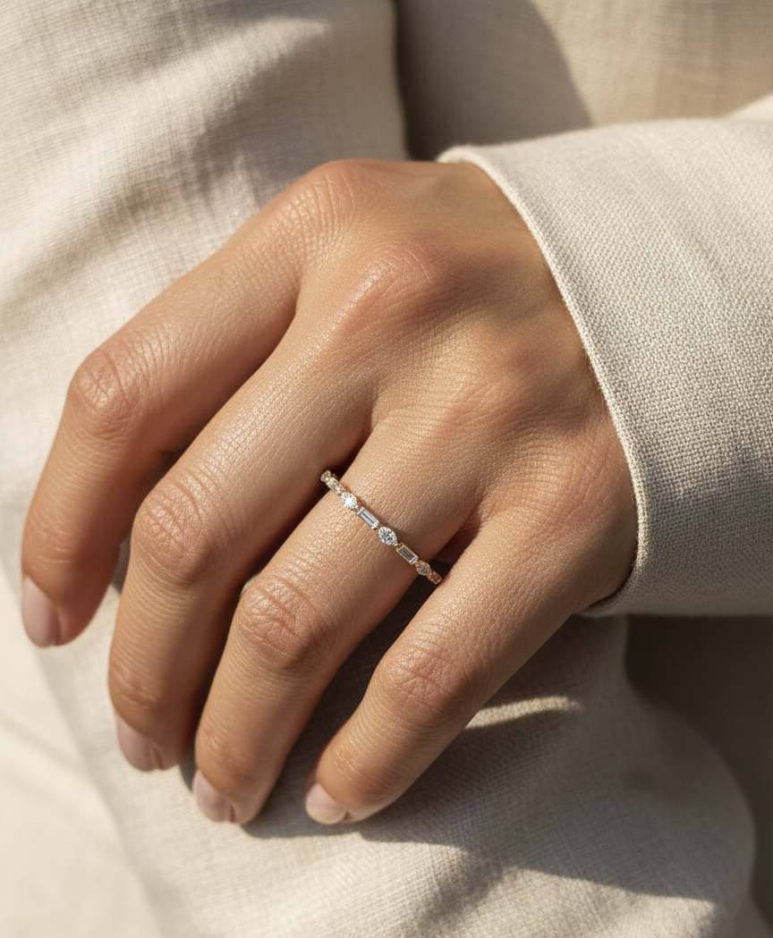 18K yellow gold marquise and baguette diamond band – 0.34ct modern stacking ring by Emirates Diamonds