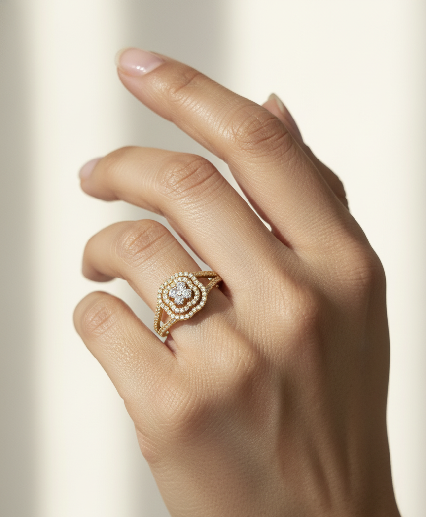 18K yellow gold floral halo diamond ring with split shank, 0.39ct – Emirates Diamonds