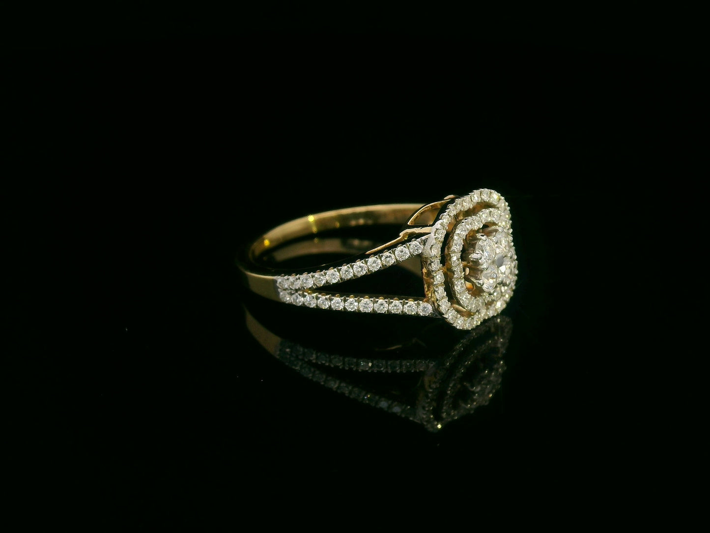 18K yellow gold floral halo diamond ring with split shank, 0.39ct – Emirates Diamonds
