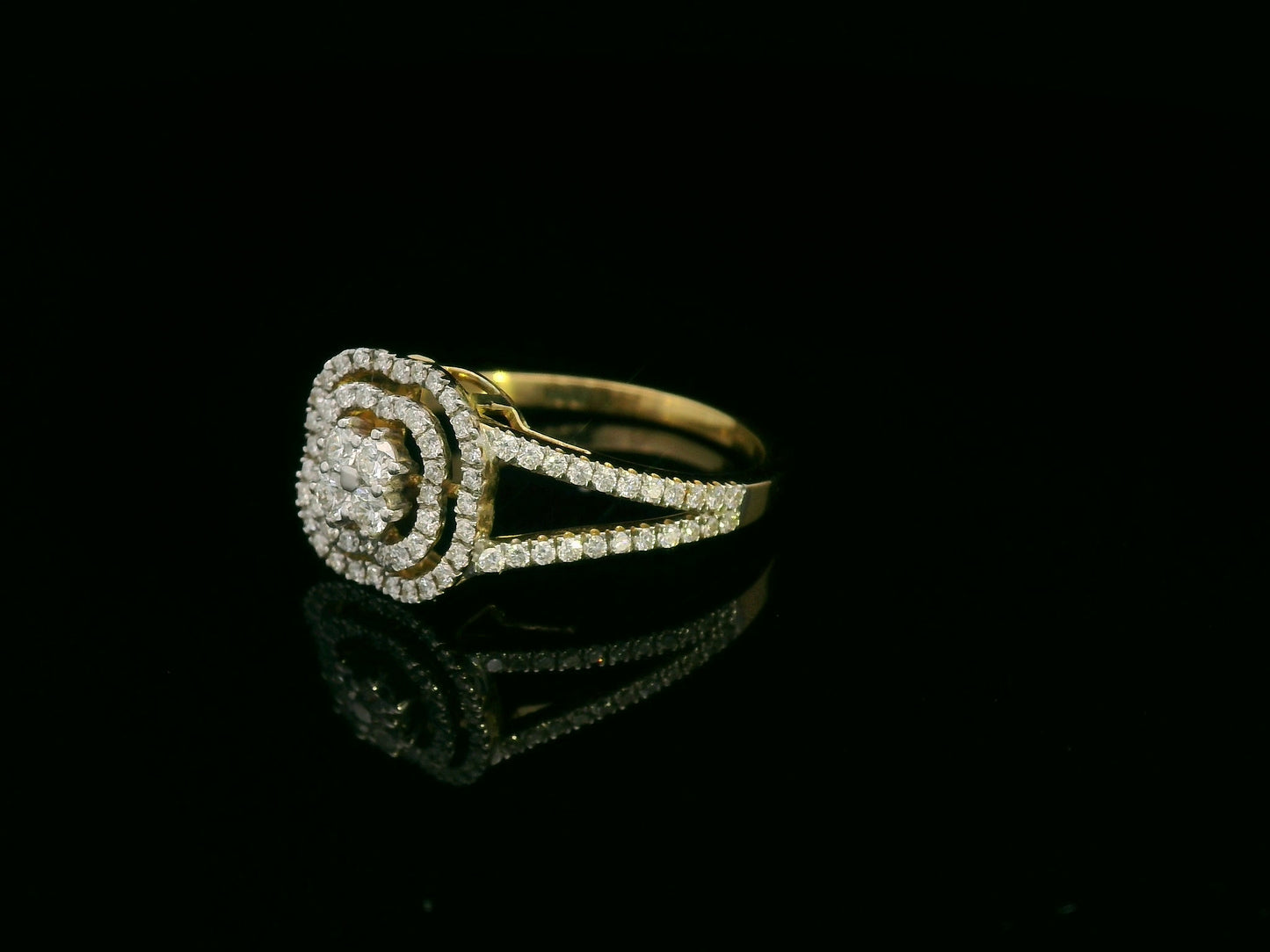 18K yellow gold floral halo diamond ring with split shank, 0.39ct – Emirates Diamonds