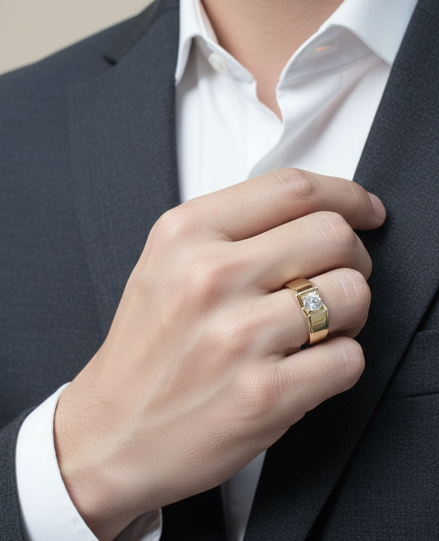 18K yellow gold men’s diamond ring – 0.68ct VVS2 I-color IGI certified by Emirates Diamonds