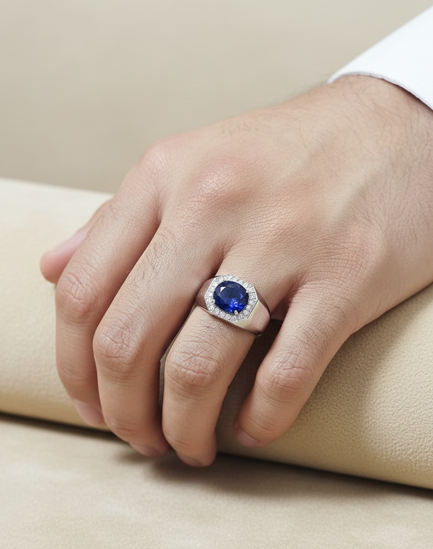 Men’s blue sapphire ring in 18K white gold – 3.08ct sapphire with 0.35ct diamonds by Emirates Diamonds
