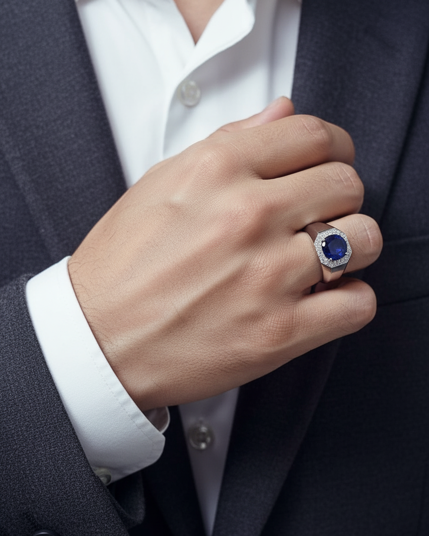 Men’s blue sapphire ring in 18K white gold – 3.08ct sapphire with 0.35ct diamonds by Emirates Diamonds