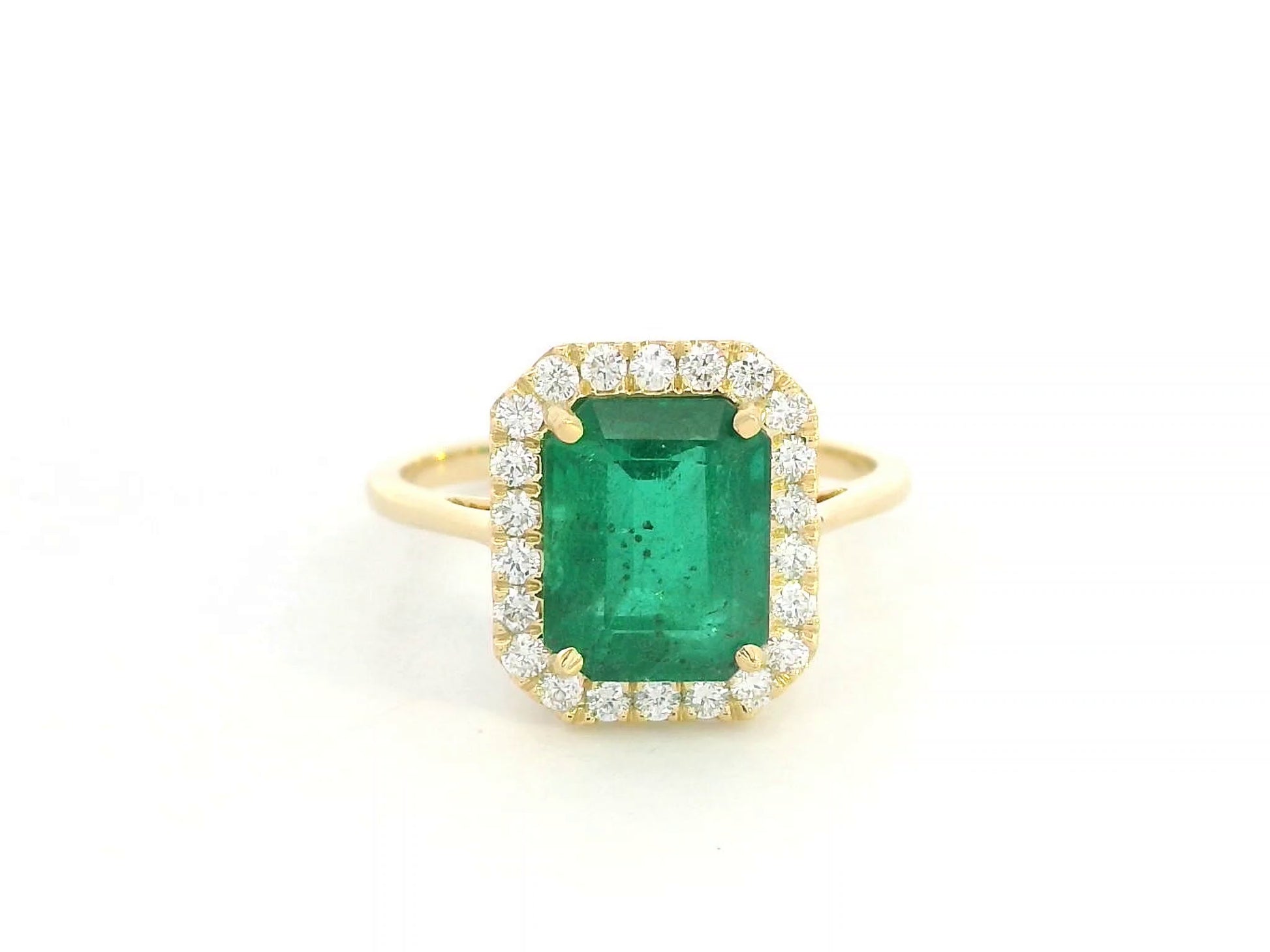 18K yellow gold emerald ring – 2.70ct emerald-cut emerald with 0.34ct diamond halo by Emirates Diamonds