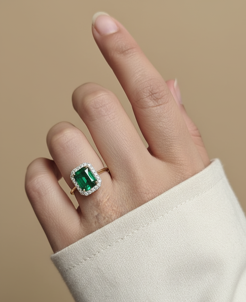 18K yellow gold emerald ring – 2.70ct emerald-cut emerald with 0.34ct diamond halo by Emirates Diamonds