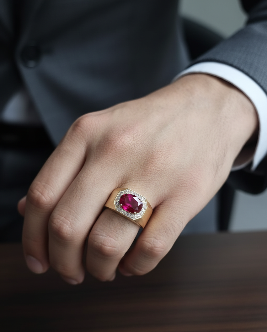 Men’s 18K yellow gold ruby ring with 3.06ct oval ruby and 0.34ct diamond octagonal halo – Emirates Diamonds