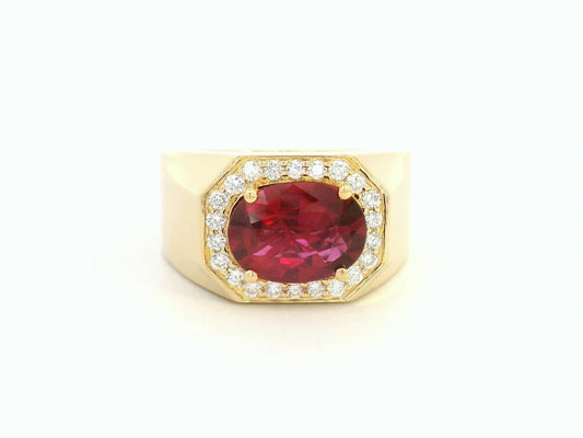 Men’s 18K yellow gold ruby ring with 3.06ct oval ruby and 0.34ct diamond octagonal halo – Emirates Diamonds