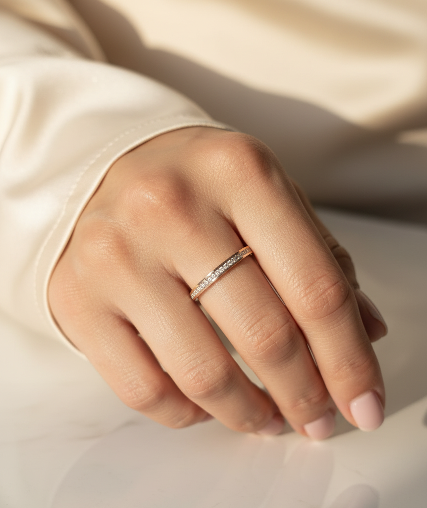 18K rose gold diamond channel-set band – stackable minimalist wedding or everyday ring by Emirates Diamonds