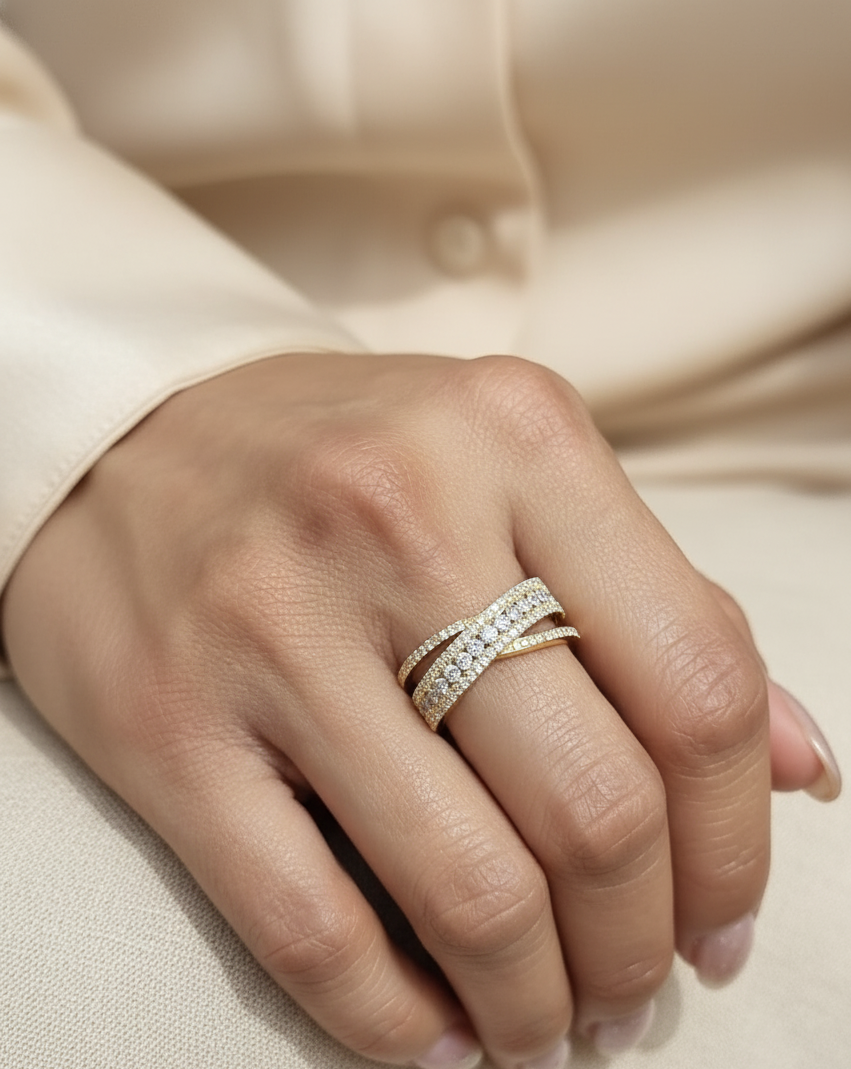 18K yellow gold diamond wrap ring with triple-row crossover design, 1.03ct natural diamonds – Emirates Diamonds