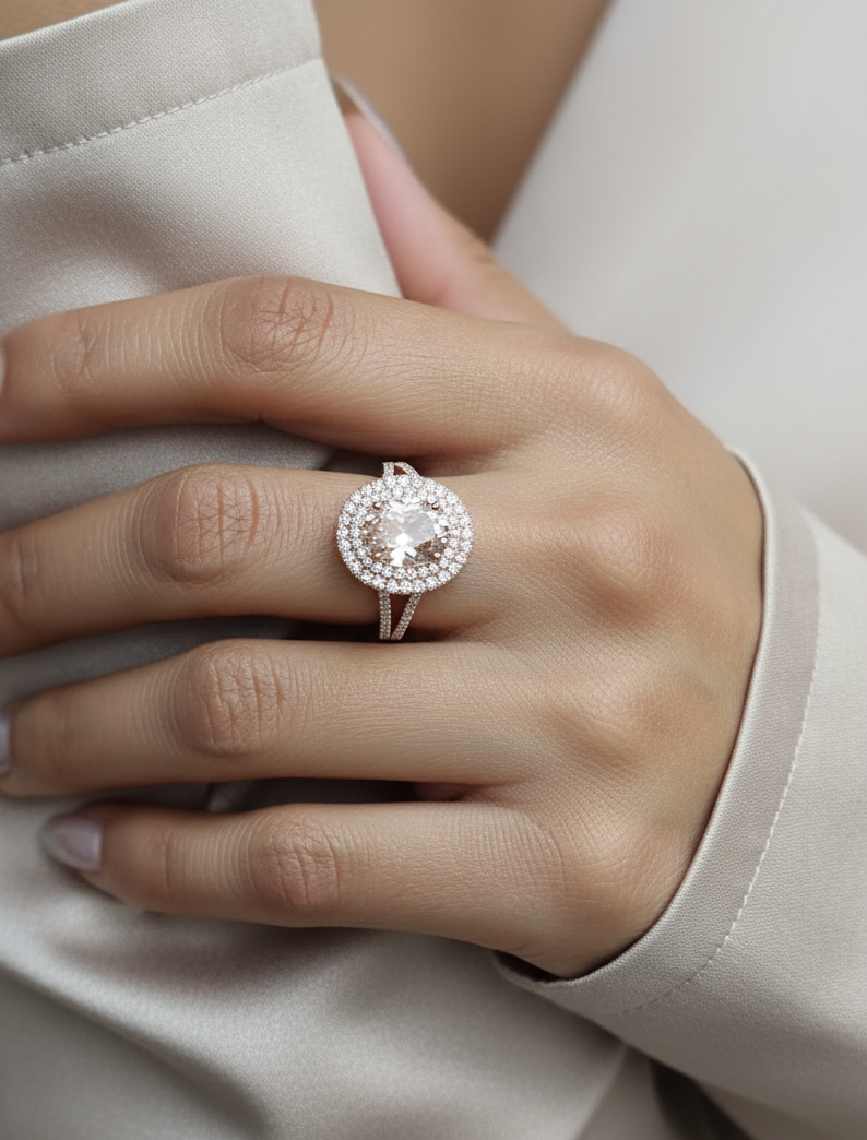 18K rose gold morganite and double halo diamond ring – 2.31ct morganite with 0.66ct diamonds by Emirates Diamonds