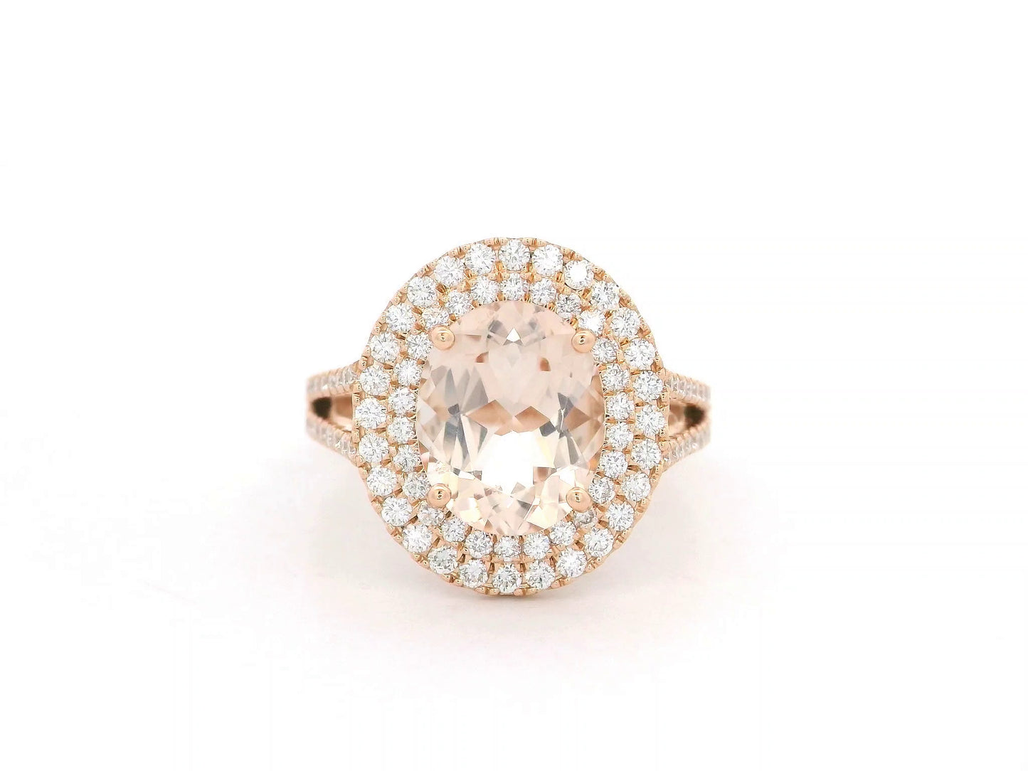 18K rose gold morganite and double halo diamond ring – 2.31ct morganite with 0.66ct diamonds by Emirates Diamonds