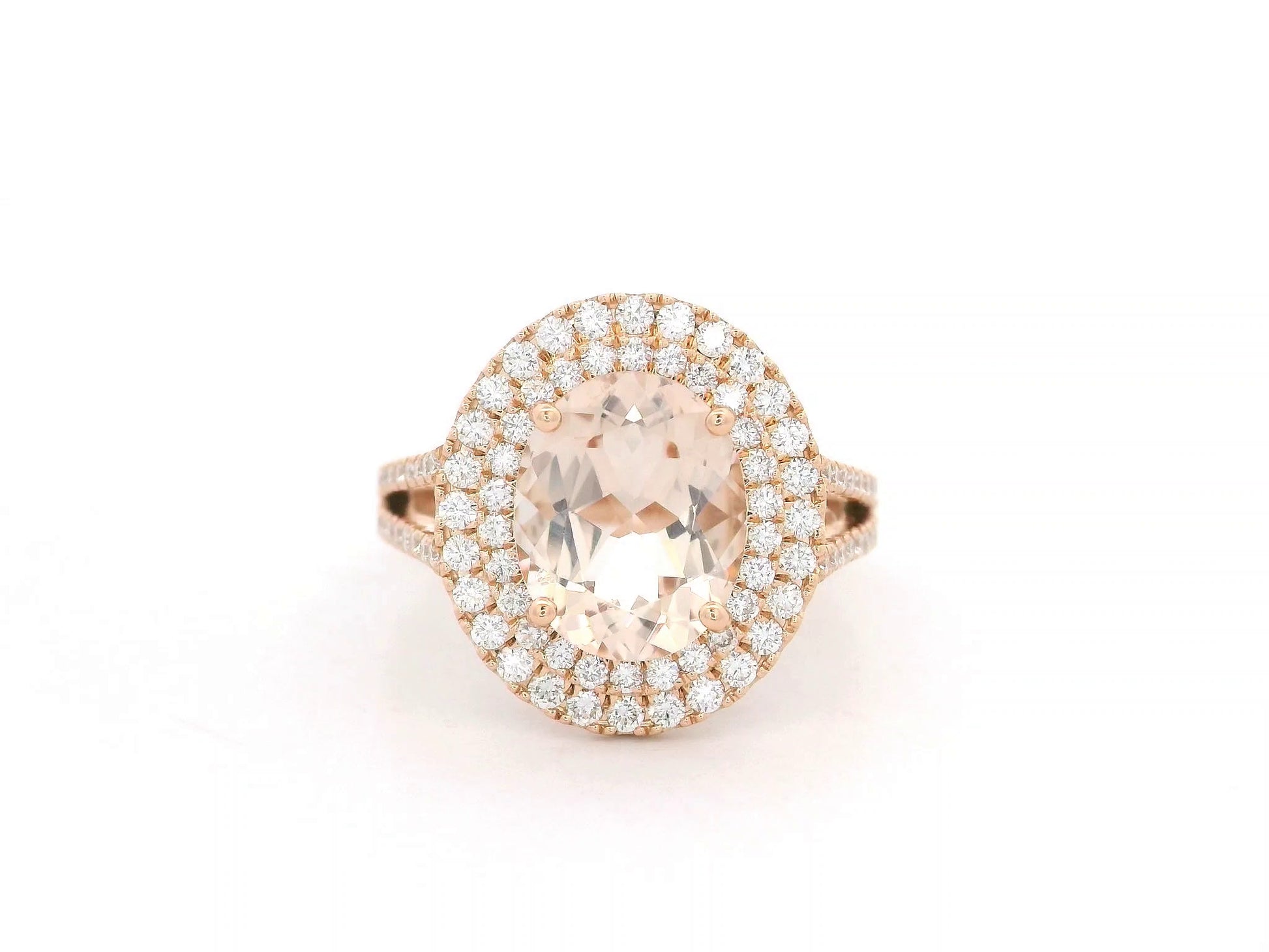 18K rose gold morganite and double halo diamond ring – 2.31ct morganite with 0.66ct diamonds by Emirates Diamonds