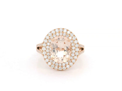18K rose gold morganite and double halo diamond ring – 2.31ct morganite with 0.66ct diamonds by Emirates Diamonds