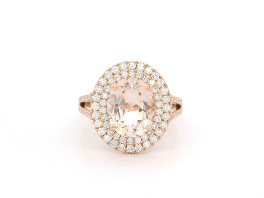 18K rose gold morganite and double halo diamond ring – 2.31ct morganite with 0.66ct diamonds by Emirates Diamonds