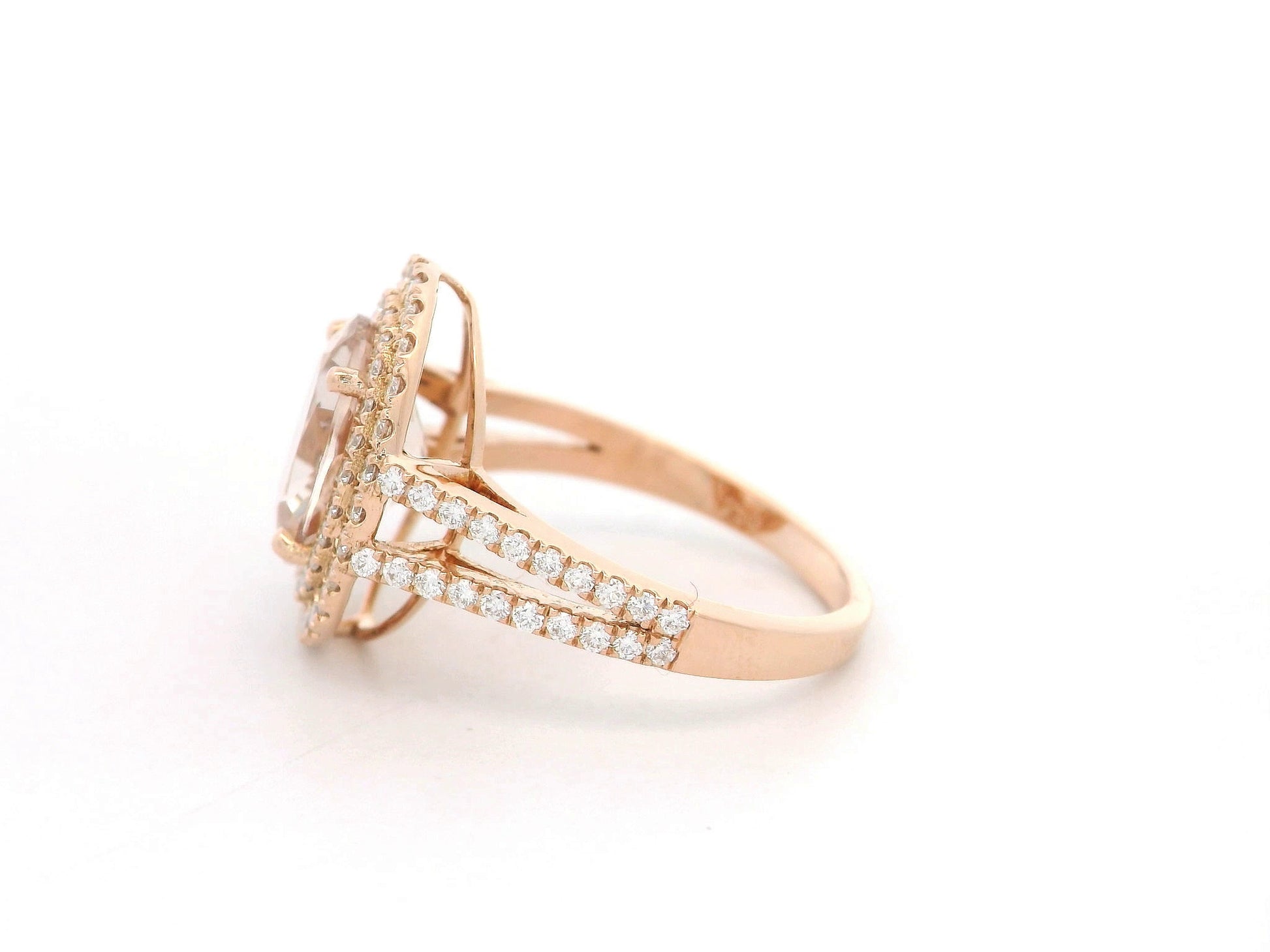 18K rose gold morganite and double halo diamond ring – 2.31ct morganite with 0.66ct diamonds by Emirates Diamonds
