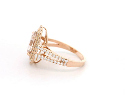 18K rose gold morganite and double halo diamond ring – 2.31ct morganite with 0.66ct diamonds by Emirates Diamonds