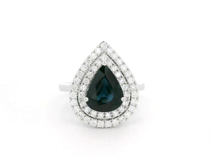 18K white gold pear-shaped blue sapphire ring – 2.31ct sapphire with 0.51ct double diamond halo by Emirates Diamonds