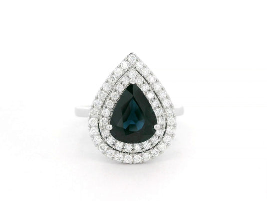 18K white gold pear-shaped blue sapphire ring – 2.31ct sapphire with 0.51ct double diamond halo by Emirates Diamonds