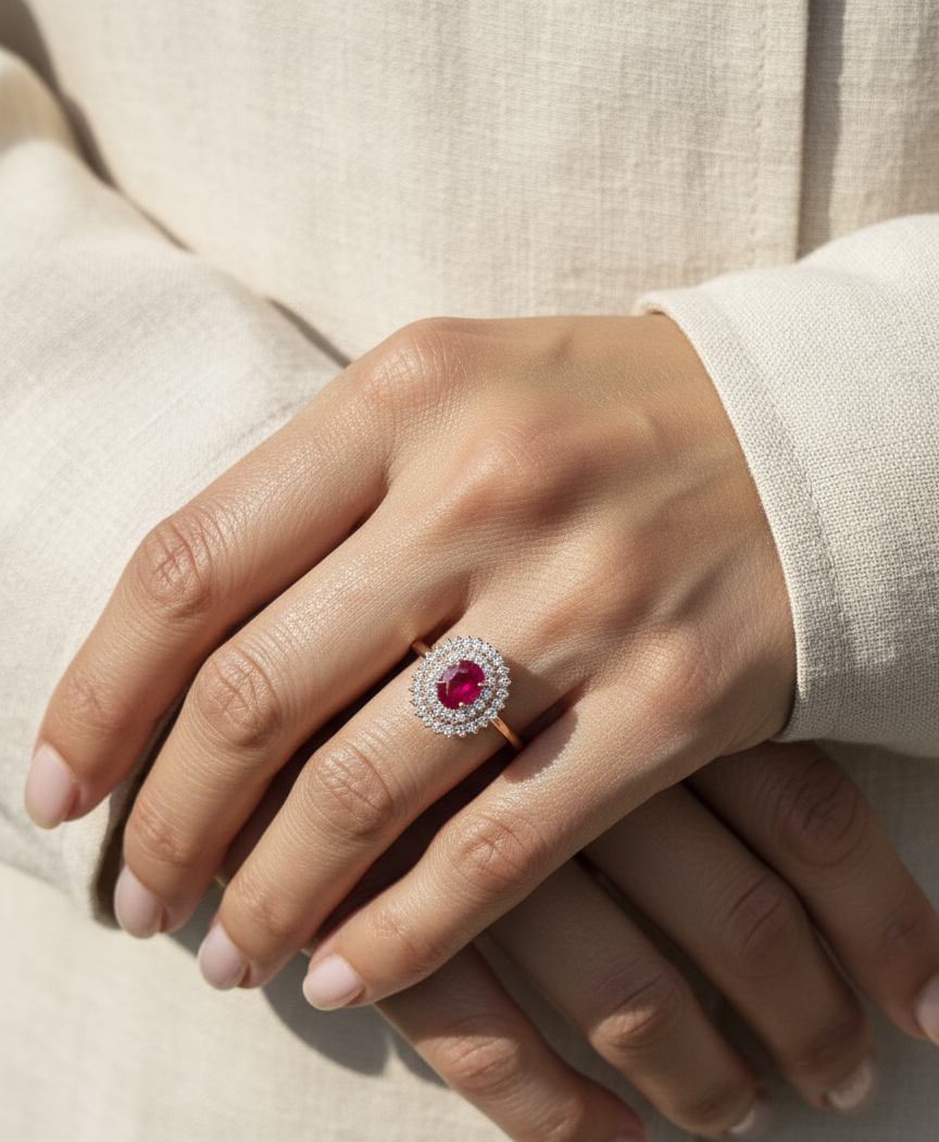 18K rose gold ruby and diamond double-halo ring – 0.80ct oval ruby with 0.45ct diamonds by Emirates Diamonds.