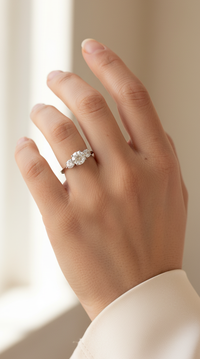 18K white gold three-stone diamond ring with 1.01ct SI2 F-color center and 0.47ct side diamonds – Emirates Diamonds.