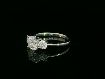 18K white gold three-stone diamond ring with 1.01ct SI2 F-color center and 0.47ct side diamonds – Emirates Diamonds.