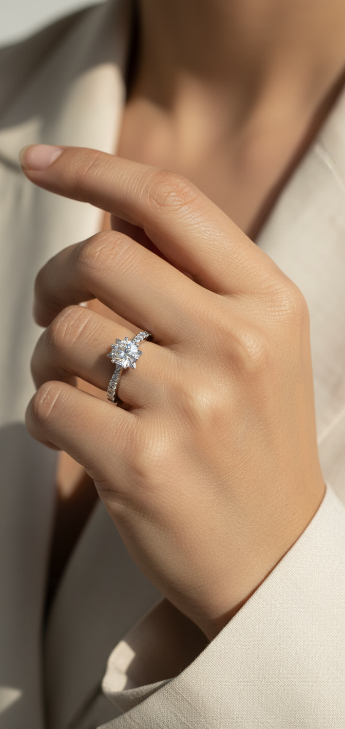 18K white gold 1.00ct diamond engagement ring with pavé shoulders and IGI certification – Emirates Diamonds