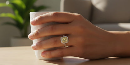 18K white gold fancy yellow radiant-cut diamond ring with yellow inner halo and white diamond outer halo by Emirates Diamonds.