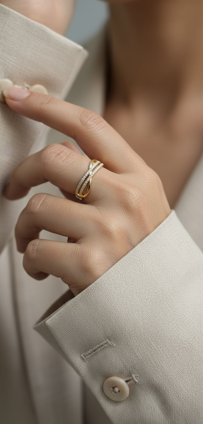 18K yellow gold overlapping diamond band with three pavé-set rows – Emirates Diamonds fine jewelry.