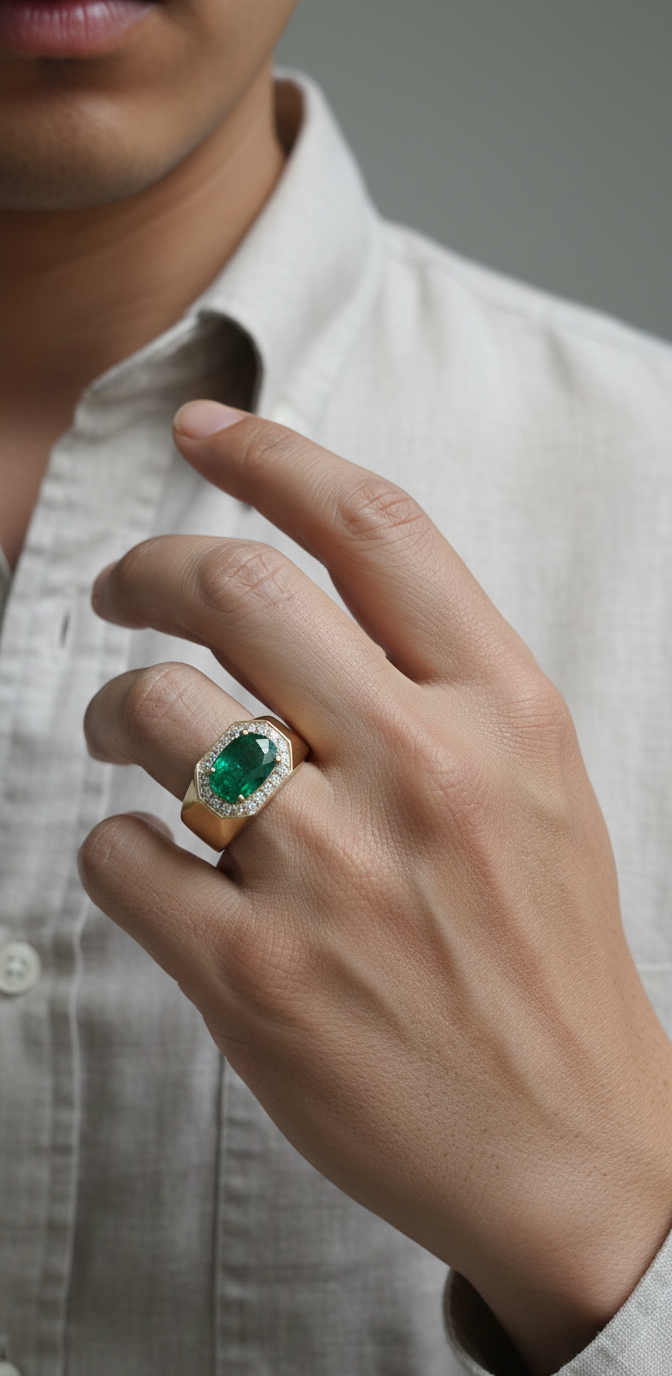 18K yellow gold emerald signet ring with 3.05ct oval emerald and 0.35ct diamond halo – Emirates Diamonds