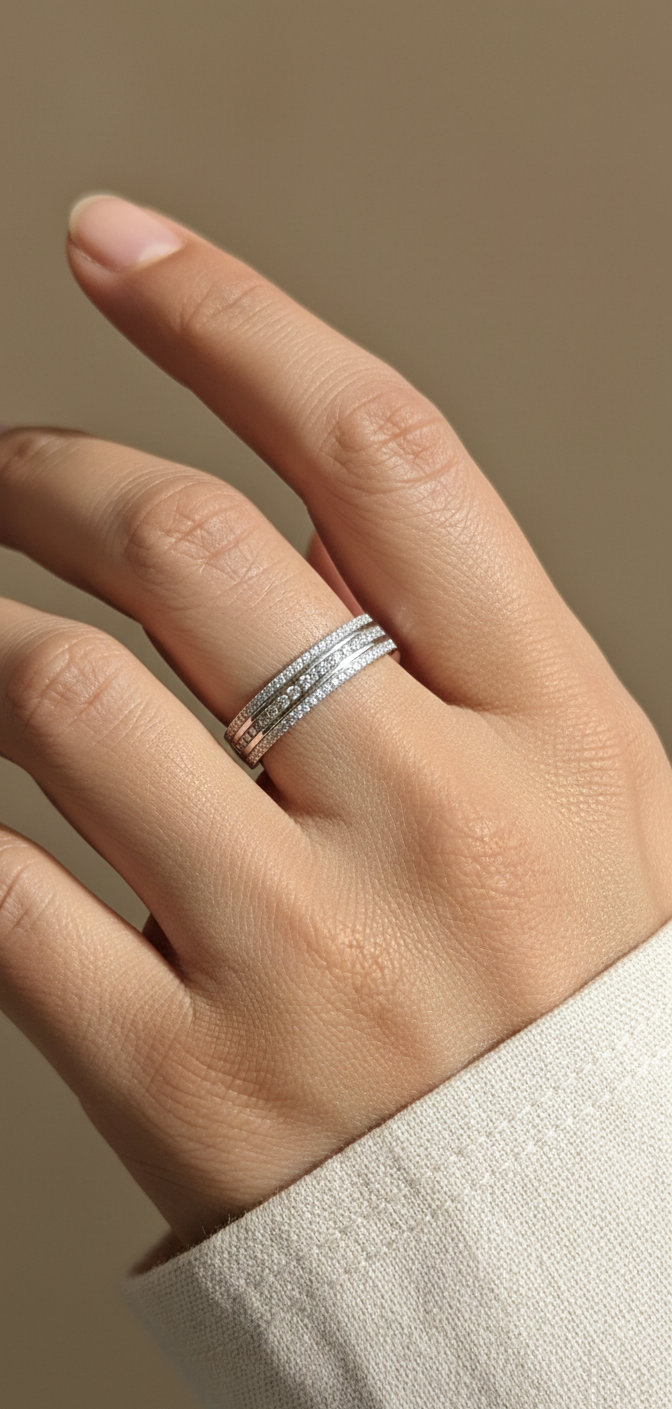 18K white gold diamond triple-row band ring with pavé-set diamonds, 0.51 carat total diamond weight, fine jewelry by Emirates Diamonds