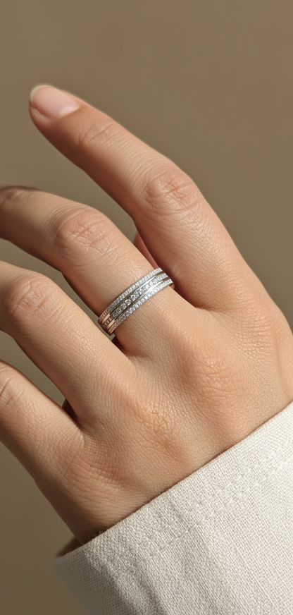 18K white gold diamond triple-row band ring with pavé-set diamonds, 0.51 carat total diamond weight, fine jewelry by Emirates Diamonds