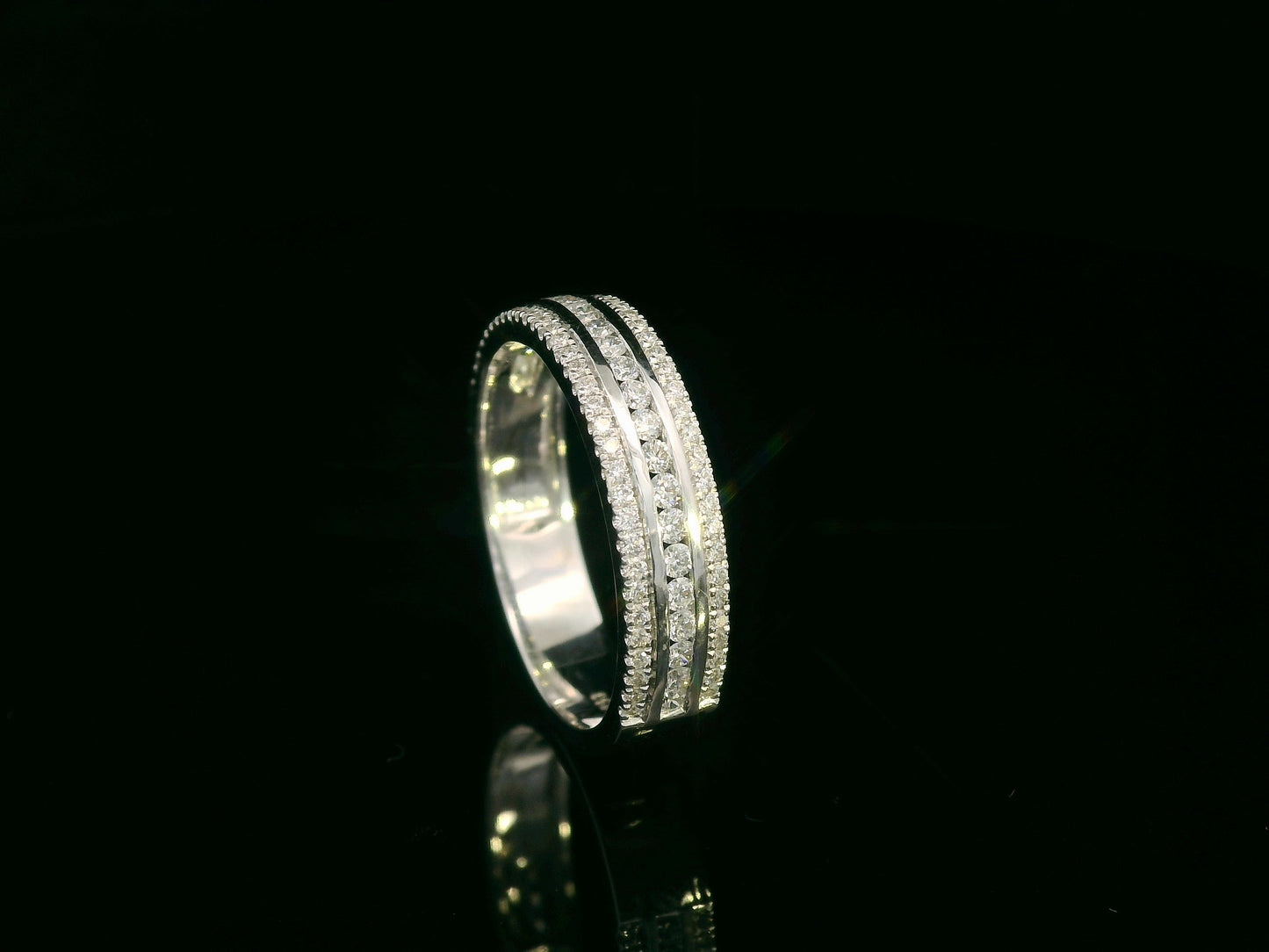 18K white gold diamond triple-row band ring with pavé-set diamonds, 0.51 carat total diamond weight, fine jewelry by Emirates Diamonds