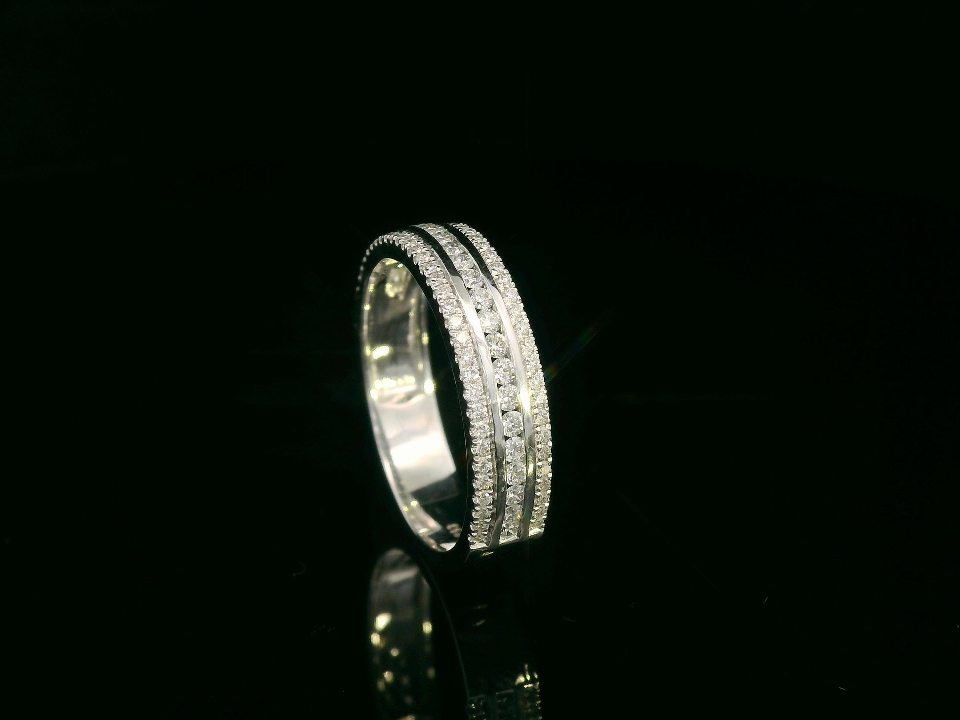 18K white gold diamond triple-row band ring with pavé-set diamonds, 0.51 carat total diamond weight, fine jewelry by Emirates Diamonds