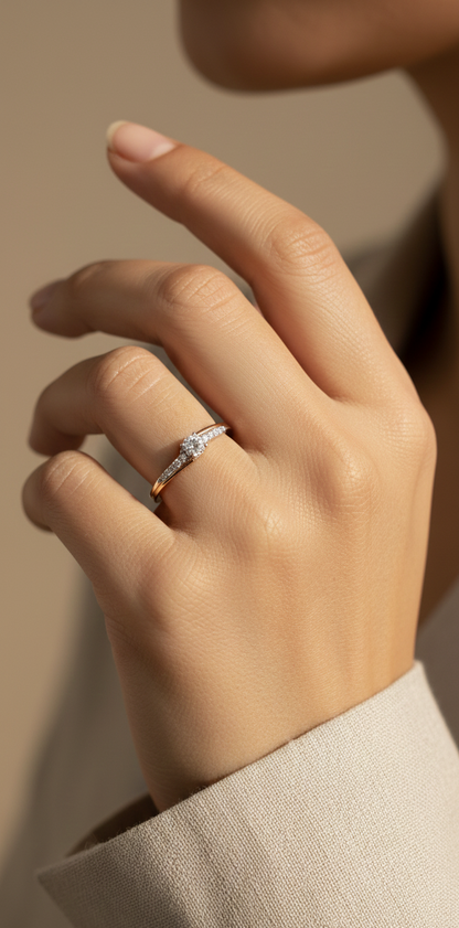 18K rose and white gold diamond ring with single round diamond and pavé shoulders – 0.32ct total by Emirates Diamonds