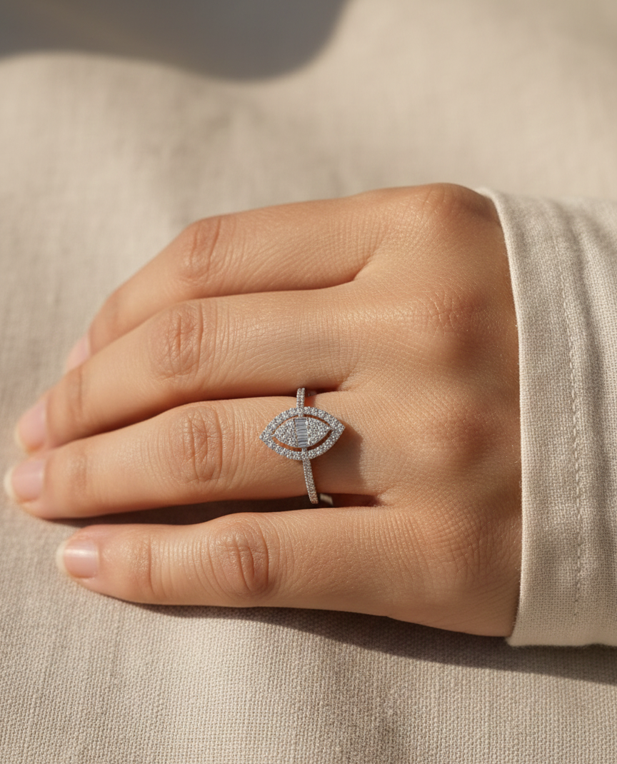 18K white gold marquise-shaped diamond ring with baguette and round diamonds, 0.50ct total weight – Emirates Diamonds