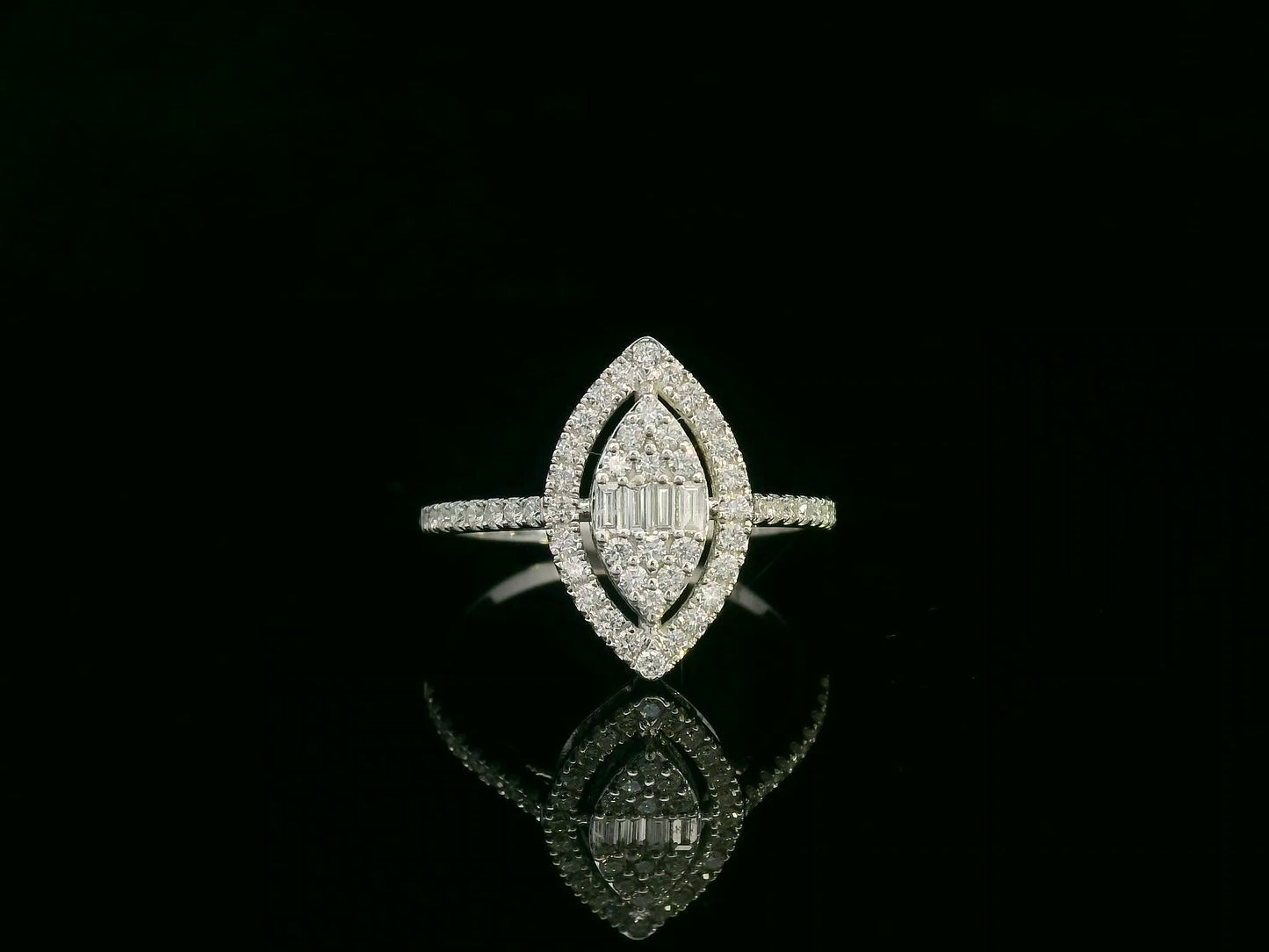 18K white gold marquise-shaped diamond ring with baguette and round diamonds, 0.50ct total weight – Emirates Diamonds