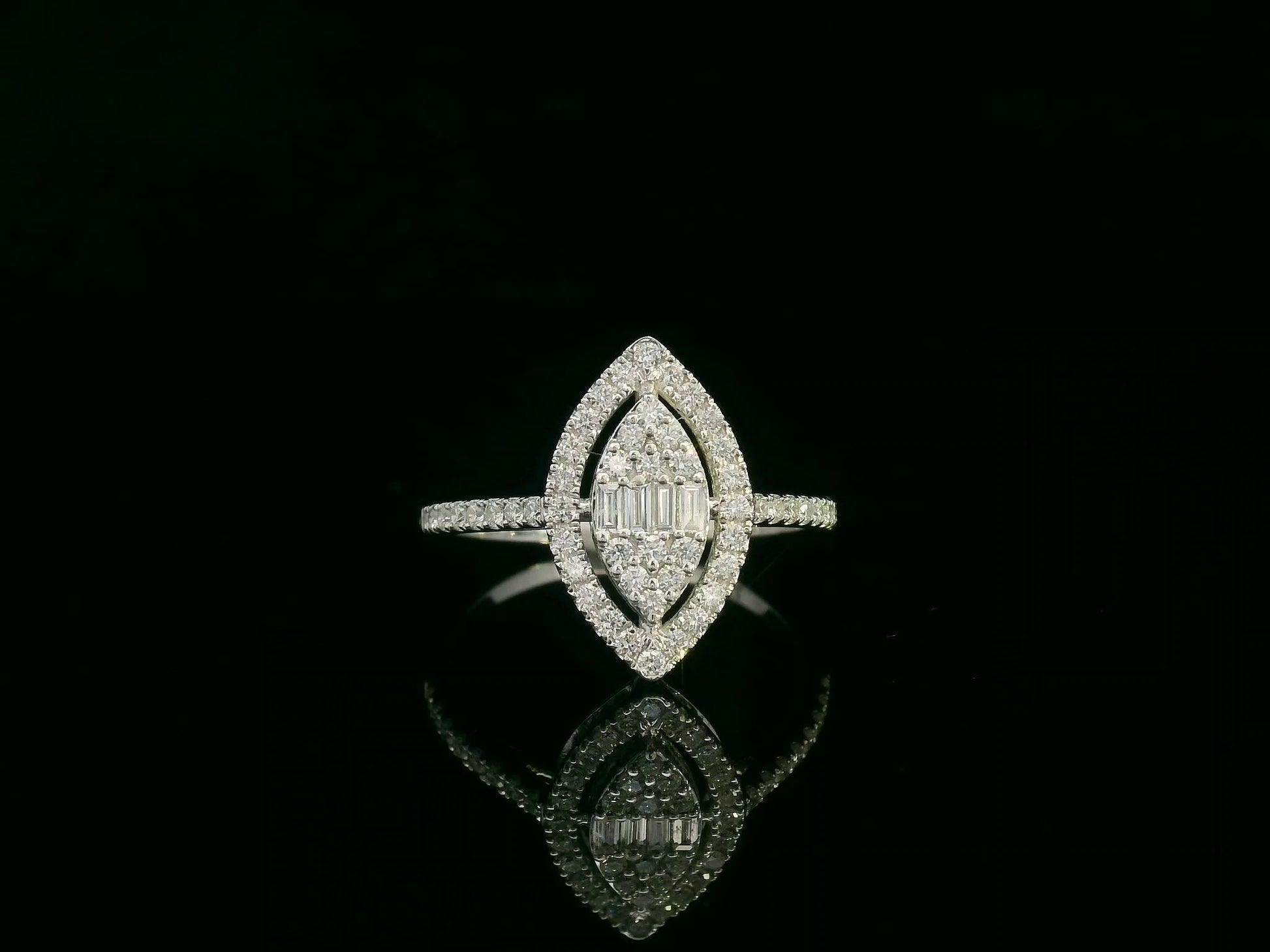 18K white gold marquise-shaped diamond ring with baguette and round diamonds, 0.50ct total weight – Emirates Diamonds