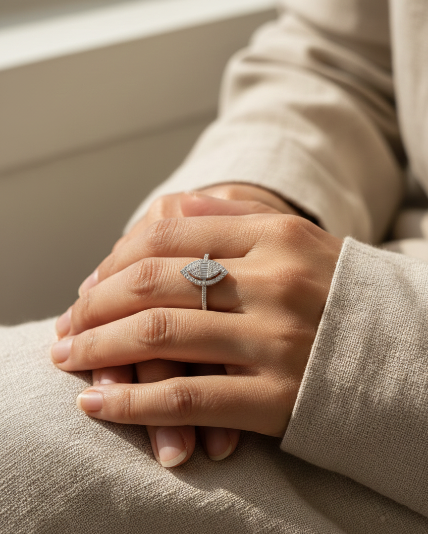 18K white gold marquise-shaped diamond ring with baguette and round diamonds, 0.50ct total weight – Emirates Diamonds