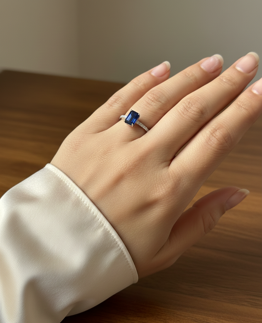 18K white gold sapphire ring with 2.22ct rectangular sapphire and 0.20ct diamond pavé band – Emirates Diamonds