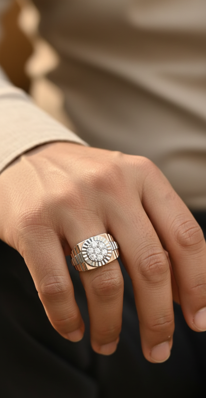 Men’s 18K two-tone gold diamond statement ring with 0.61ct cluster center – Emirates Diamonds