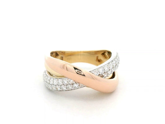 18K tri-color gold diamond triple band ring with white, yellow and rose gold, pavé diamonds, 0.70 carat total diamond weight, fine jewelry by Emirates Diamonds