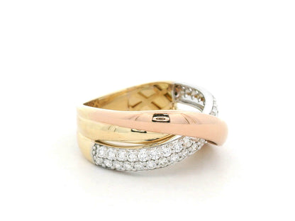 18K tri-color gold diamond triple band ring with white, yellow and rose gold, pavé diamonds, 0.70 carat total diamond weight, fine jewelry by Emirates Diamonds