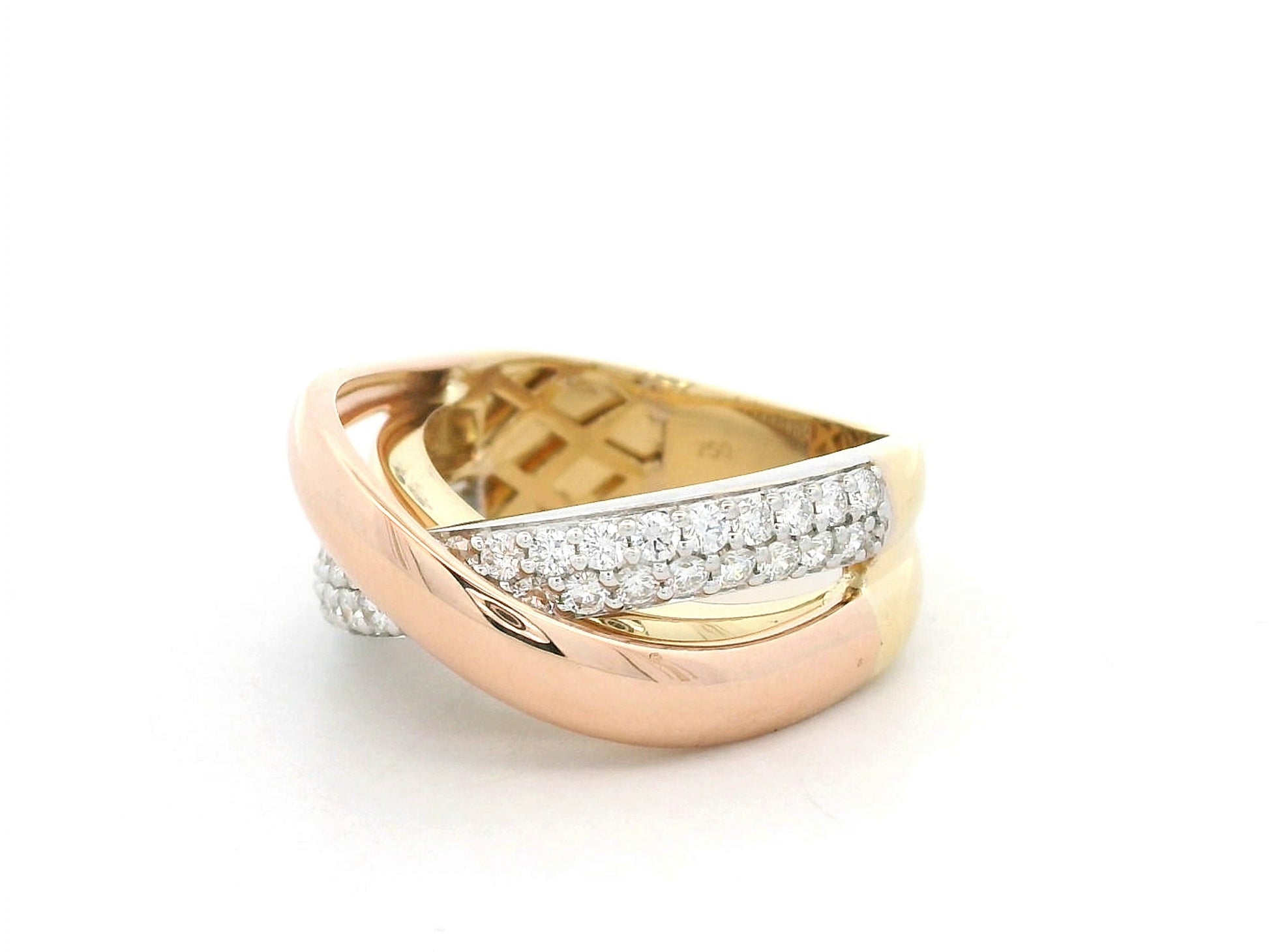 18K tri-color gold diamond triple band ring with white, yellow and rose gold, pavé diamonds, 0.70 carat total diamond weight, fine jewelry by Emirates Diamonds