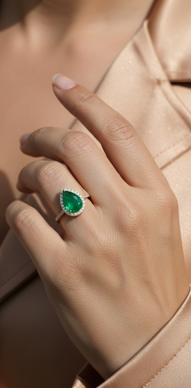 18K yellow gold pear-shaped emerald and diamond halo ring with 2.69 carat emerald and 0.40 carat total diamond weight by Emirates Diamonds